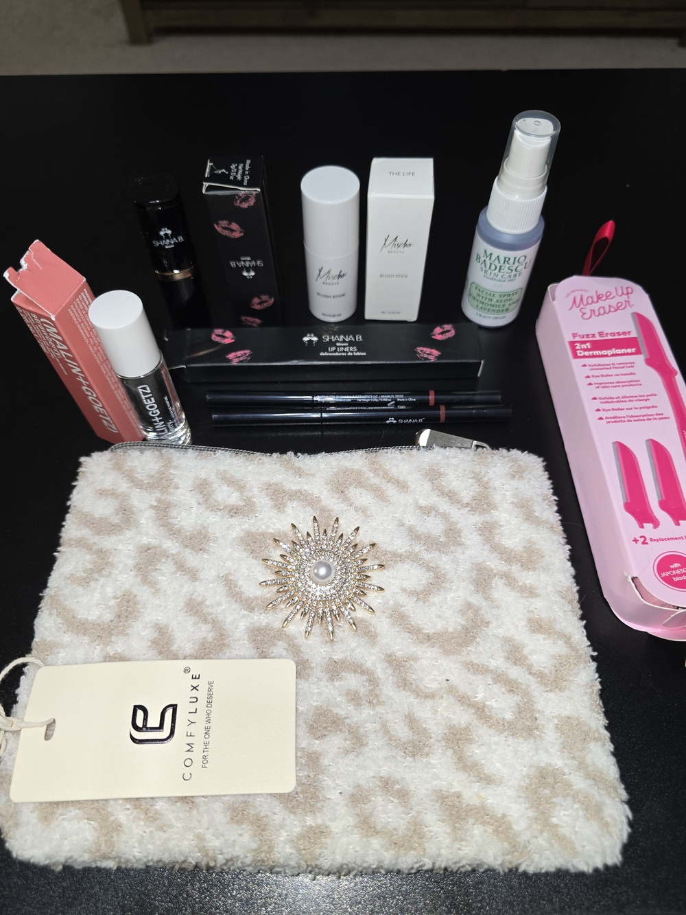 Makeup Set with Cream & Tan Leopard Makeup Pouch with Decorative Sunburst Brooch